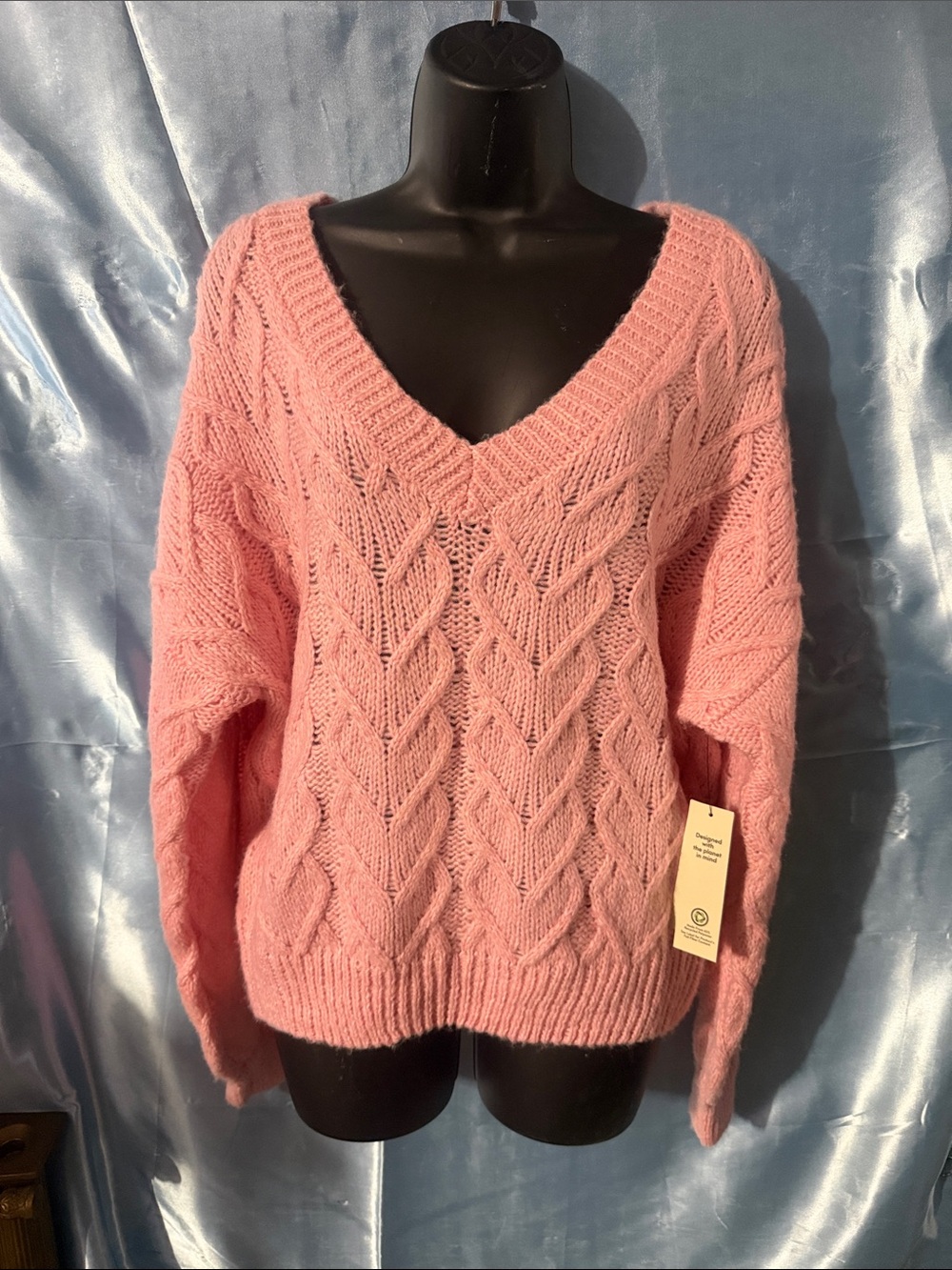 No Boundaries Pink Cable Knit V-Neck Sweater
